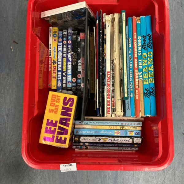 Mixed lot of annuals, books, and DVDs including Beano and Roald Dahl.