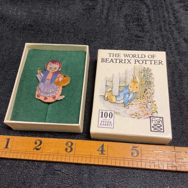 Beatrix Potter Ribby the Cat cloisonne brooch in green-lined box