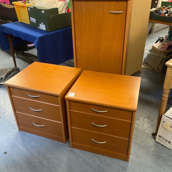 Vintage wooden bedside cabinets and small cupboard set for bedroom storage.