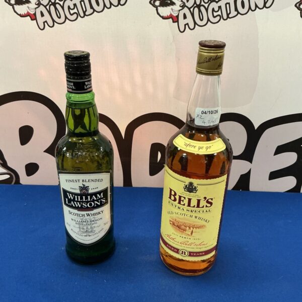 Vintage Bell's and Lawson Scotch whisky bottles, collectible spirits.