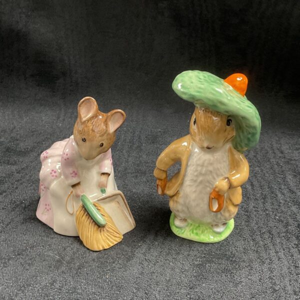 Beswick Beatrix Potter figurines of Benjamin Bunny and Hunca Munca.