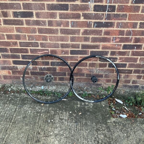 Black 700c bike wheels, a used wheelset for cycling.