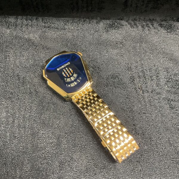 Binbond gents designer watch with blue face and gold tone bracelet