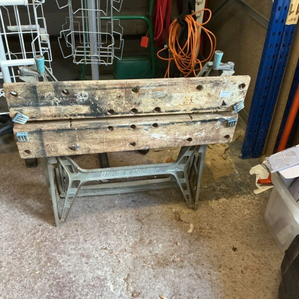Black and Decker Workmate folding workbench with timber boards and metal frame