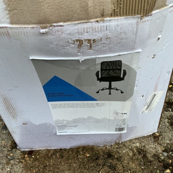 Boxed black mesh effect office chair with printed product details