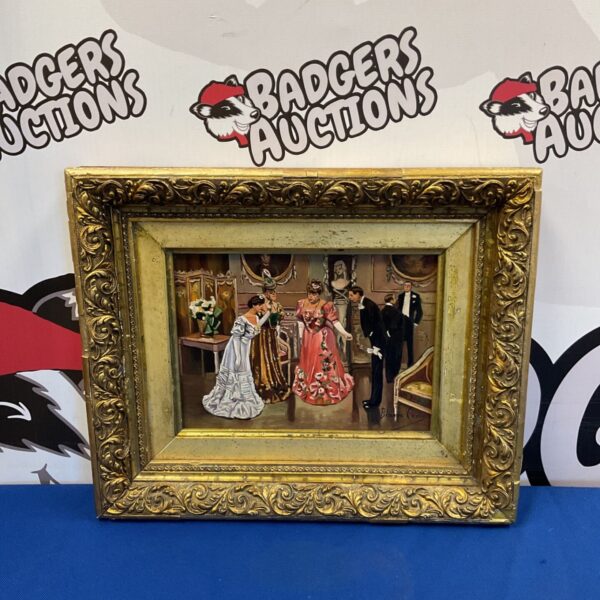 Vintage ballroom scene oil painting signed by Blanco Corig.