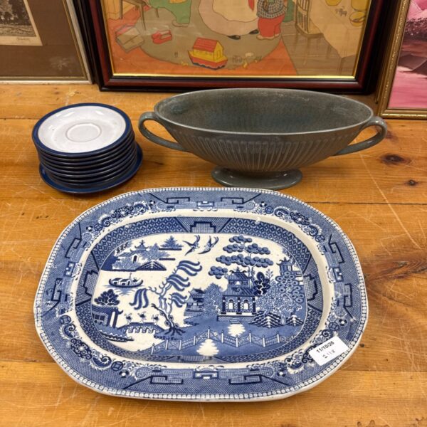 Vintage blue and white china meat plate with oriental pattern.