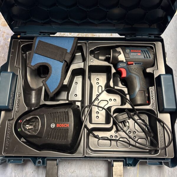Bosch GDR 12V-105 impact driver set in open storage case.