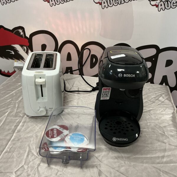 Bosch Tassimo coffee machine with pods and white two-slice toaster