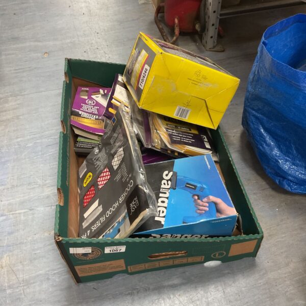 Box of mixed house appliances with cooker hood filters and a Powerbase sander