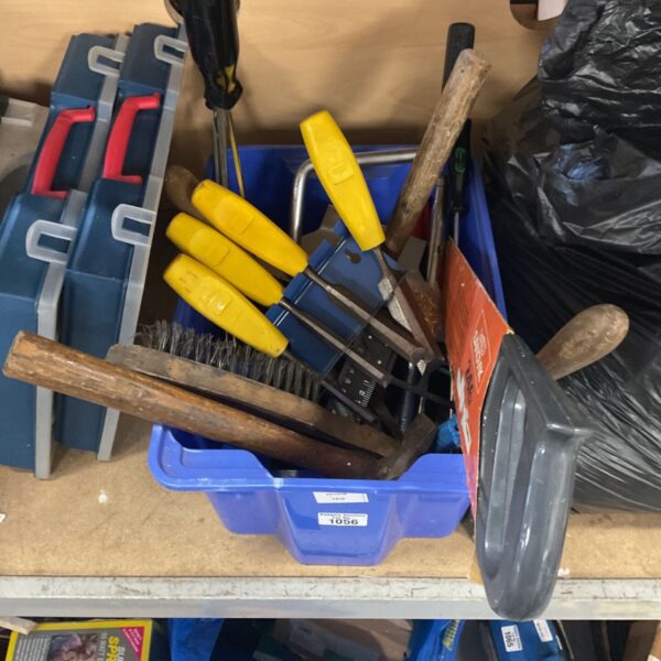 Blue box lot of chisels, hammer, saw and screwdrivers