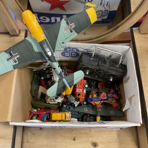 Box of mixed diecast vehicles with Corgi and Majorette models and a radio control unit