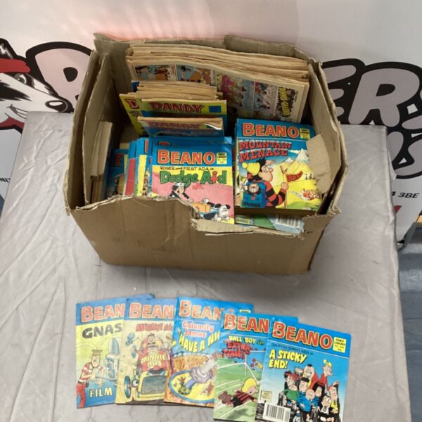 Cardboard box of Dandy and Beano comic books including Beano Comic Library titles