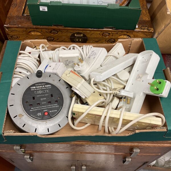 Box of power supply extension leads with Eurosonic 10M cable reel and adaptors