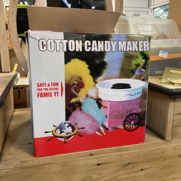 Boxed cotton candy maker with pink carnival-style machine artwork
