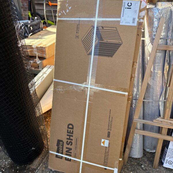 Boxed Breeins bin shed for garden storage.