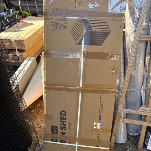 Boxed Breeins bin shed for garden storage.