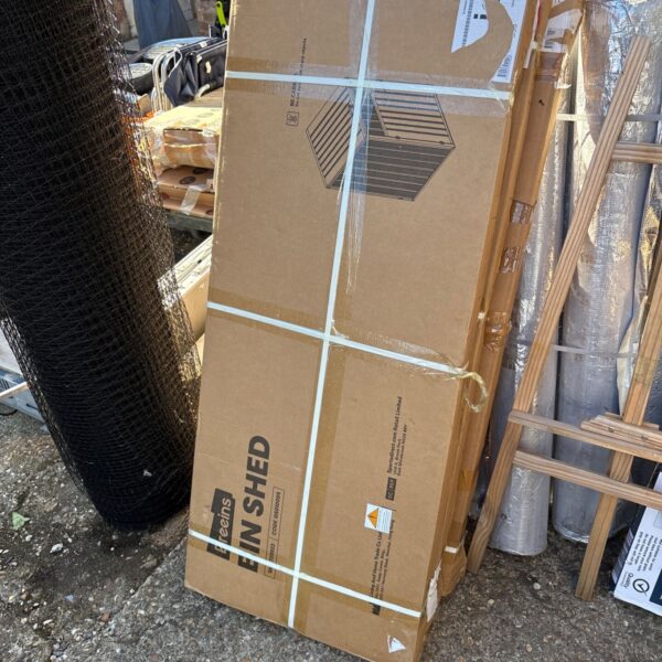 Boxed Breeins bin shed for garden storage.