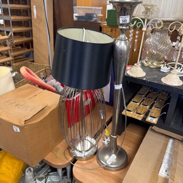 Vintage brushed aluminium table lamp with wire frame.