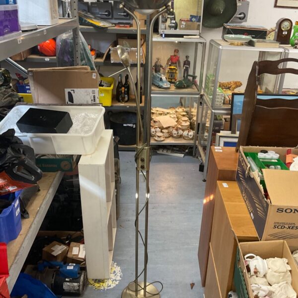 Brushed brass standard uplighter with adjustable reading lamp arm and dish shade