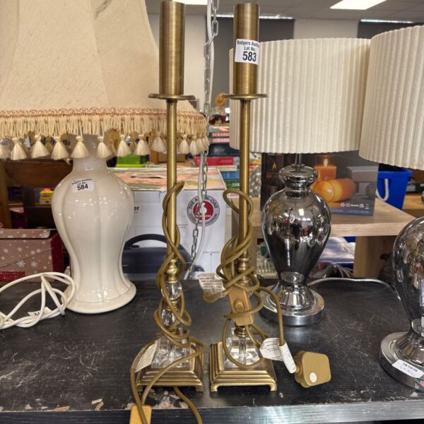 Pair of vintage brushed brass table lamps with plastic shades.