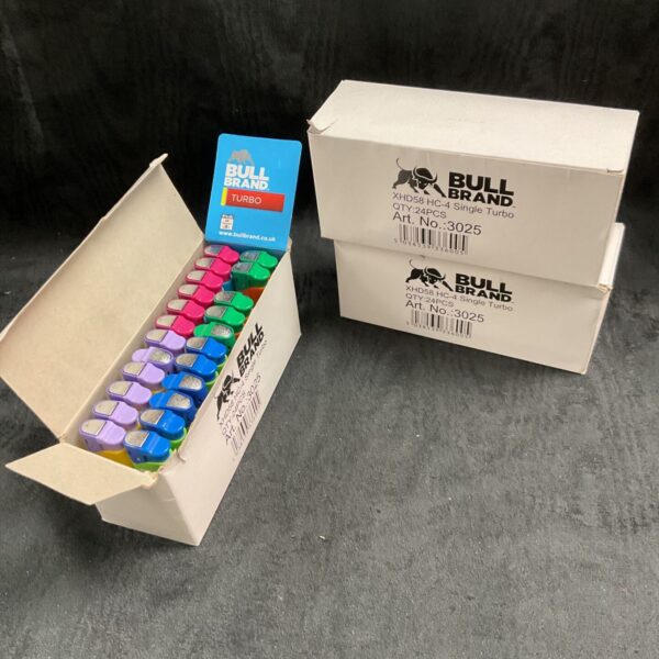 Box of vintage Bull Brand Turbo gas lighters.
