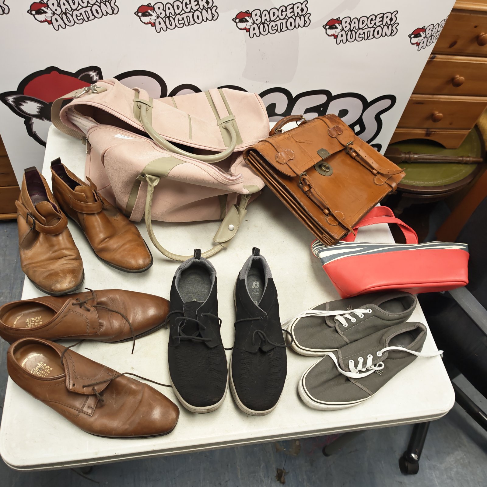 Mixed lot of bags and shoes including leather document bag and Clarks shoes