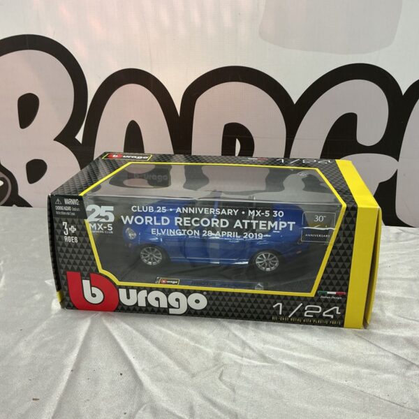 Burago 1/24 scale blue Mazda MX-5 30th Anniversary diecast model in box