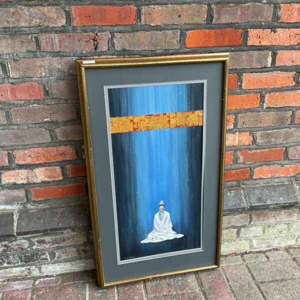 Framed C o Troll oil painting of a seated Chinese emperor on blue background