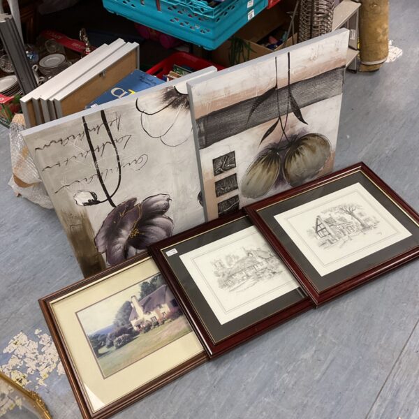 Selection of framed C Varley cottage prints and abstract canvas wall art