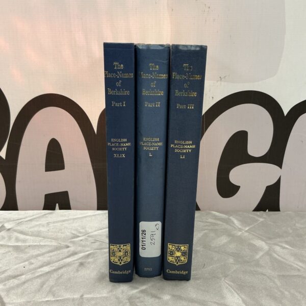 Three blue hardback volumes of The Place-Names of Berkshire, Parts I to III, standing upright