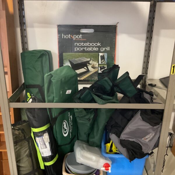 Camping equipment job lot with Hotspot notebook portable grill box and green carry bags