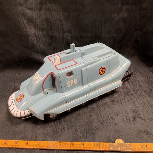 Large blue Captain Scarlet SPV vehicle viewed from the front three-quarter angle