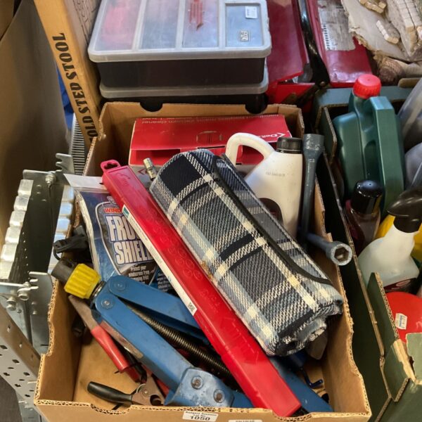 Cardboard box of car accessories including hydraulic jack, frost shield and anti-freeze