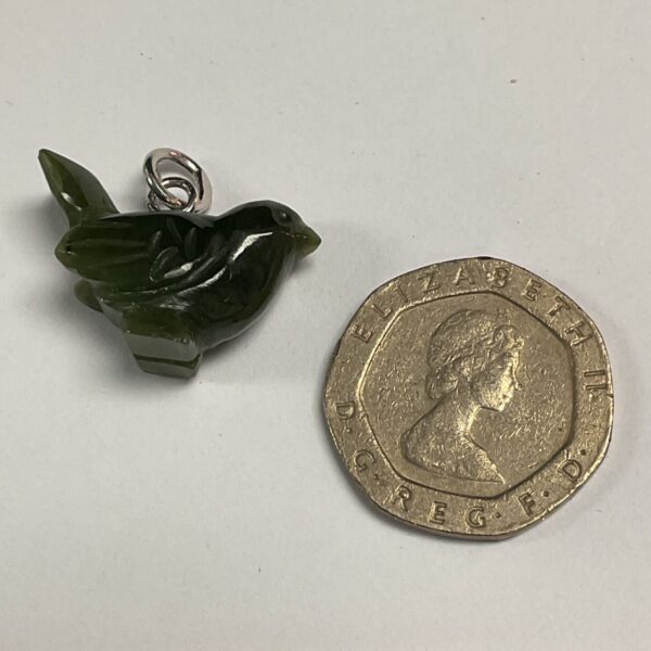 Carved green jadite bird pendant with 925 silver loop bail