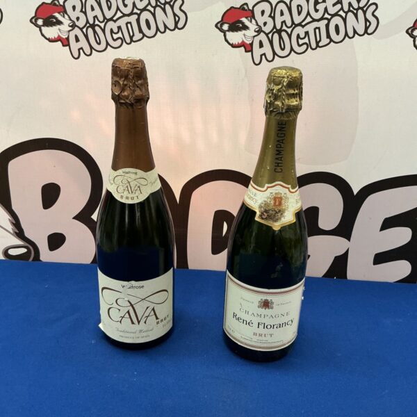 Bottles of Rene Florancy Champagne and Cava Brut sparkling wine.