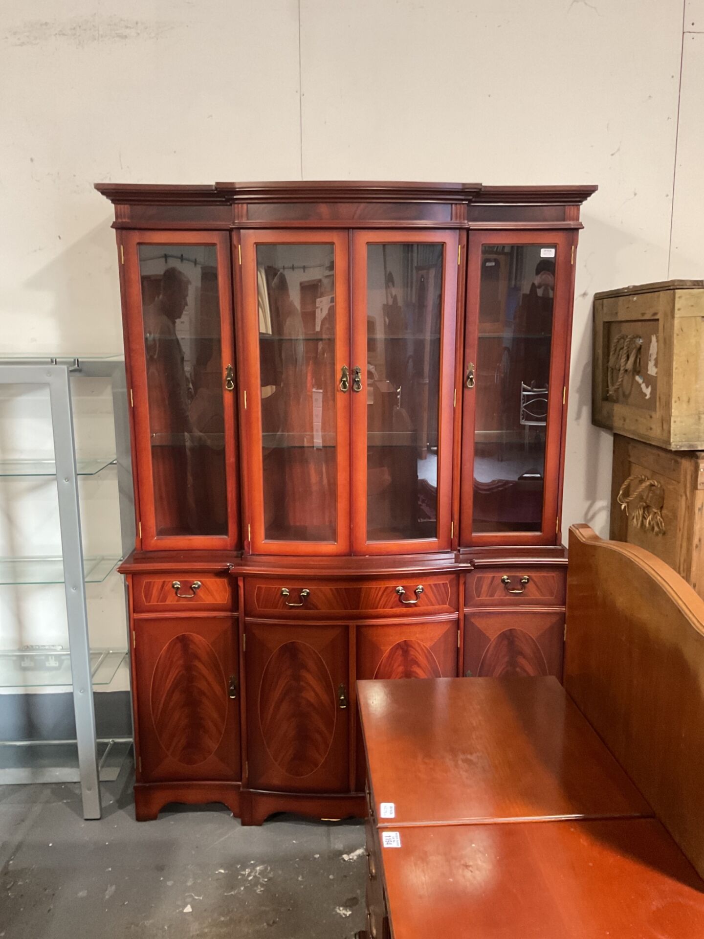 1212 Traditional cherry-finish breakfront china cabinet and display wall unit