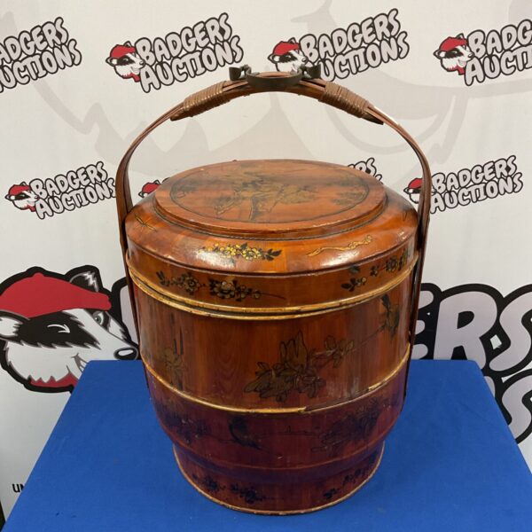 Vintage Chinese wedding basket with three tiers and hand-painted details.
