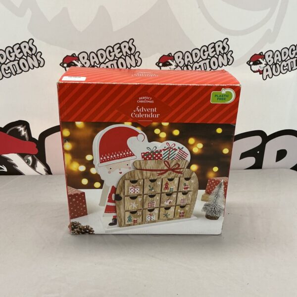 Wooden Christmas Advent Calendar with festive details.