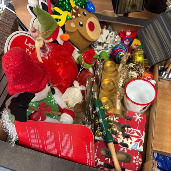 Tray of assorted vintage Christmas decorations and ornaments.