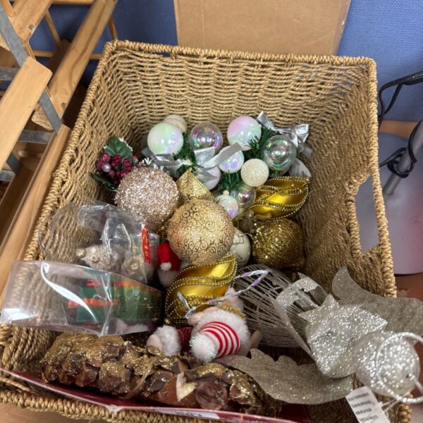 Mixed lot of vintage Christmas decorations including baubles and ribbons.