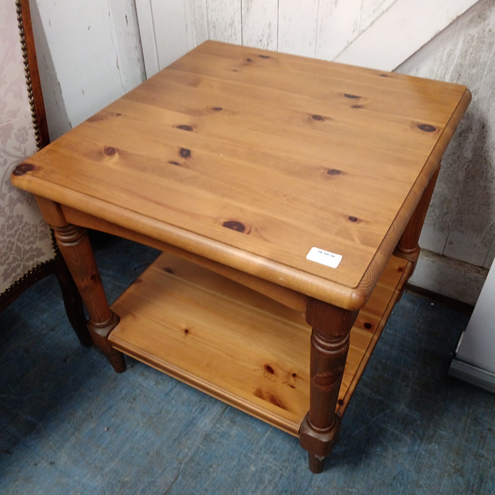 Chunky pine side table with lower shelf, rustic farmhouse style.