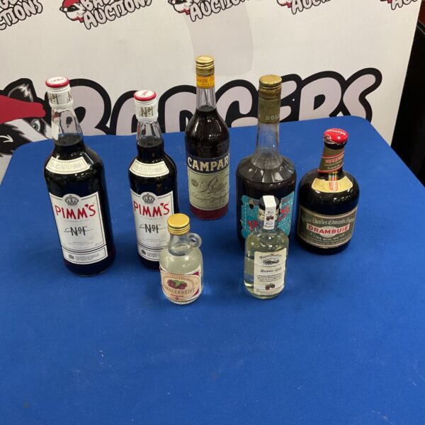 Lot of classic spirits, Campari Bitter, Pimm's and Drambuie bottles with miniatures