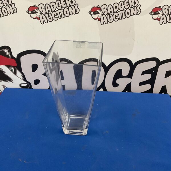 Clear square tapered glass vase standing 14 inches tall