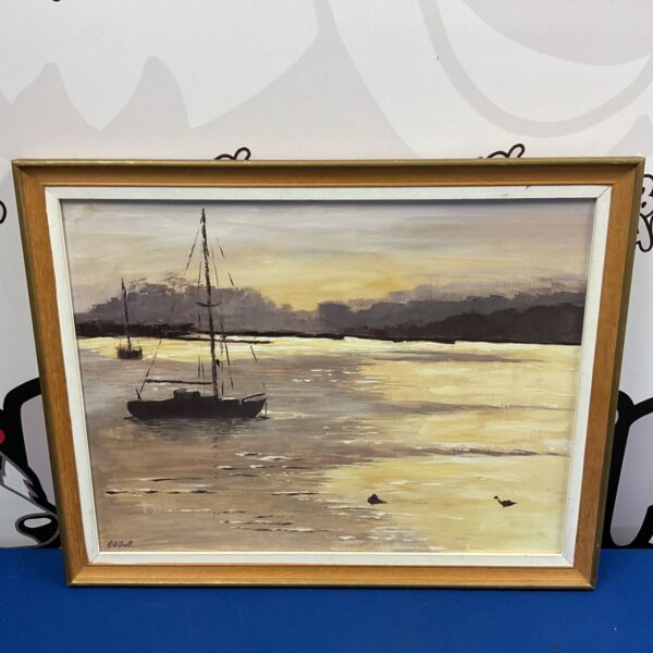 Framed oil on board seascape by Clifford o Troll showing sailing boats at dusk