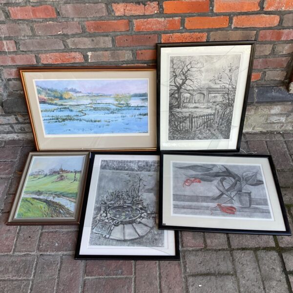 Five framed original artworks by Clifford O Troll, watercolours and mixed media