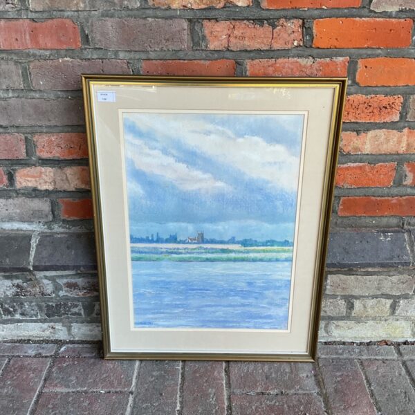 Framed watercolour by Clifford O'Troll showing Walberswick across calm water