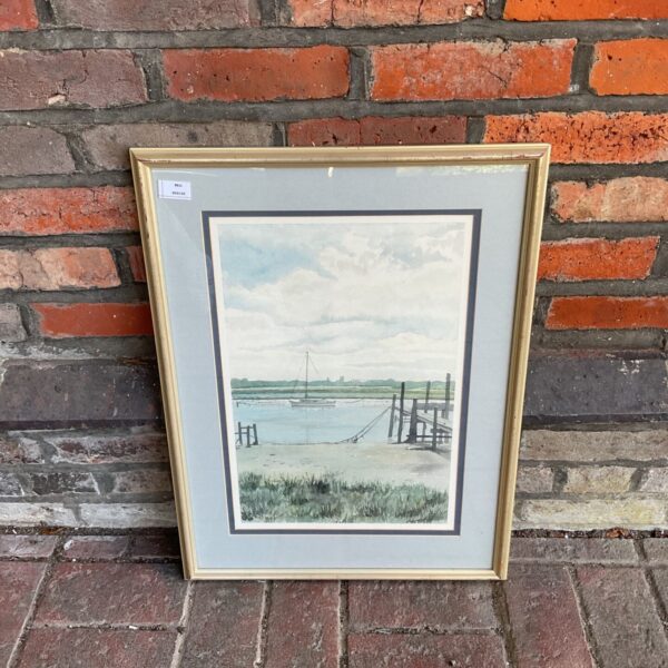 Framed Clifford O'Troll watercolour of a moored sailing boat on Southwold estuary