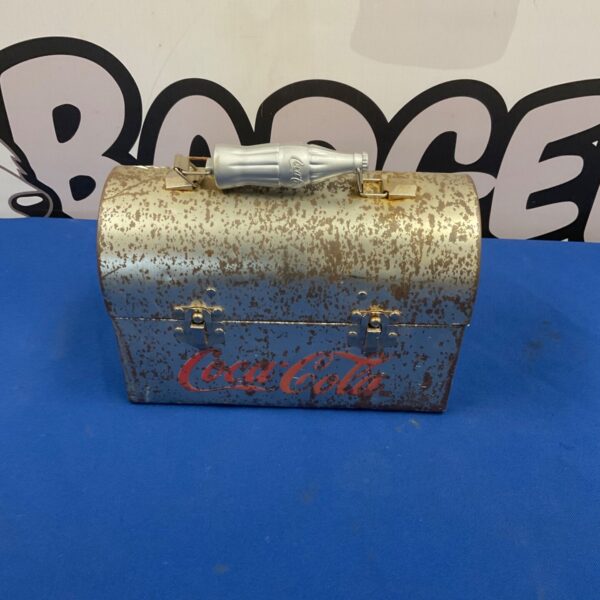 Vintage-style Coca-Cola metal dome lunch box with bottle-shaped handle