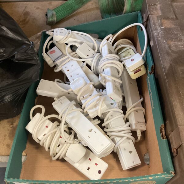 Box lot of white electrical extension cables and multi-socket power strips